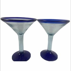 Mexican Hand Blown Blue Rim/Base Martini/Margarita Glasses ~ Set of 2 ~ NEW